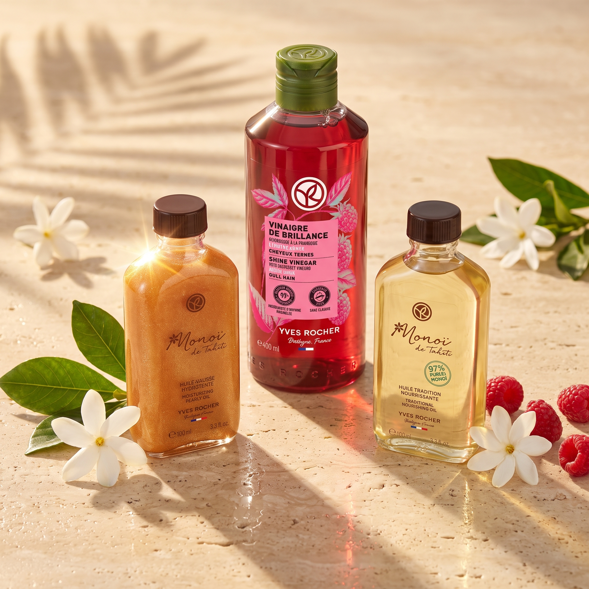 The Radiance Ritual by Pétale — Yves Rocher Hair Shine Vinegar, Pearly Oil Monoï and Monoï Huile Tradition 97% in warm Tahitian light